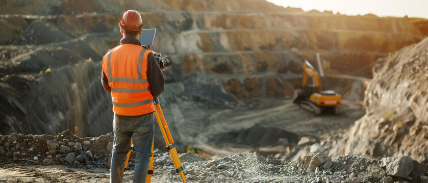 Surveyor with clipboard evaluating a quarry at golden hour, heavy machinery in the background.