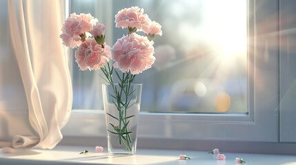 Glass vase decorated with light coloured carnations on the windowsill - obrazy, fototapety, plakaty