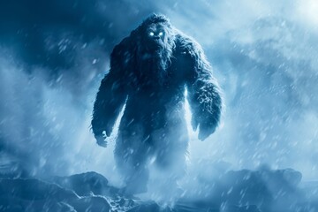 Fototapeta premium A Yetis silhouette against a blizzard eyes glowing with ancient wisdom