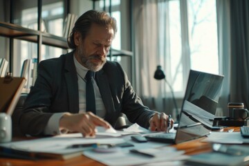 Serious and focused financier accountant on paper work inside office, mature man using calculator and laptop for calculating reports and summarizing accounts, businessman at work in suit,Generative AI - obrazy, fototapety, plakaty