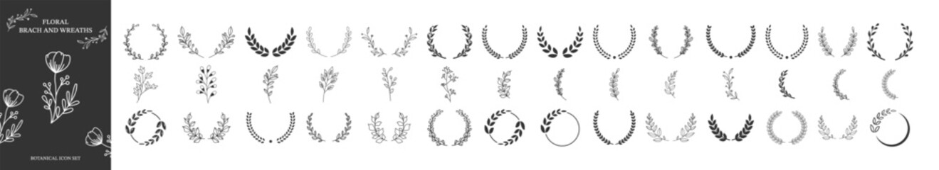 Set of floral branches and wreaths. Laurel wreaths icons collection. Foliate laurels branches. Award winner champion. Vector illustration