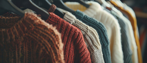 Variety of cozy knitwear hanging on a clothing rack. - obrazy, fototapety, plakaty
