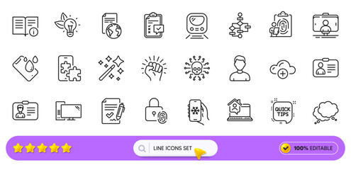 Smartphone waterproof, Block diagram and Fingerprint lock line icons for web app. Pack of Computer, Metro, Technical info pictogram icons. Checklist, Eco energy, Empower signs. Search bar. Vector