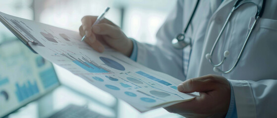 Healthcare professional analyzing colorful medical charts and data.
