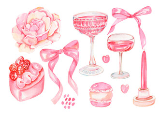 Watercolor pink set. Watercolor pink rose, candles, pink cocktails, rose macaron, ribbon, hearts and bows. Romantic and girly design. Idea for greeting, celebration, girls, women, cards, packing