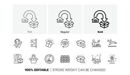 Boxes shelf, Delivery warning and Eco bike line icons. Pack of Lighthouse, 48 hours, Gift icon. Exit, Moving service, Bumper cars pictogram. Paper plane, Package location, Arrivals plane. Vector
