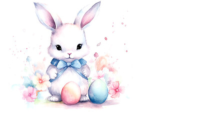 Fototapeta na wymiar Watercolor, Easter bunny with Easter eggs, rabbit, Wicker basket, celebration, background, card, decoration