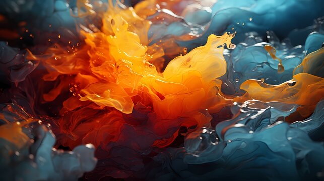 Icy blue and fiery orange liquids collide in a spectacular display, creating an explosion of energy that fills the air with dynamic abstract patterns. HD camera captures the intense 