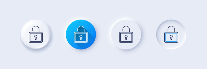 Lock line icon. Neumorphic, Blue gradient, 3d pin buttons. Private locker sign. Password encryption symbol. Line icons. Neumorphic buttons with outline signs. Vector