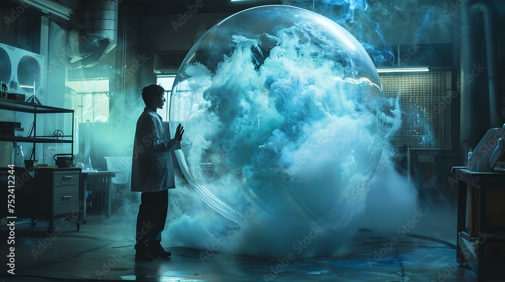 Poster scientist exploring a holographic globe in a dark lab. futuristic technology in research. conceptual