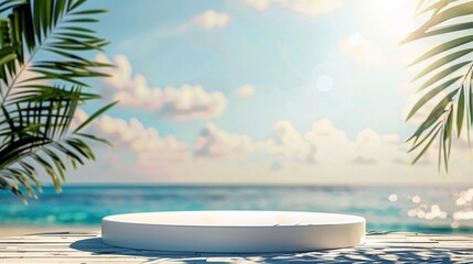 Bright white podium with a blurred sunny beach background perfect for summer essentials and holiday products - obrazy, fototapety, plakaty