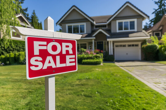 Residential real estate house property for sale sign outside home front entance