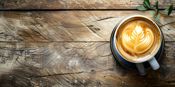 Good morning hot coffee Coffee cup top view on wooden table background Latte coffee cup on wood table. 