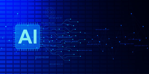Machine learning, artificial intelligence with microchip, electronic board and binary code. Smart network digital technology concept background.