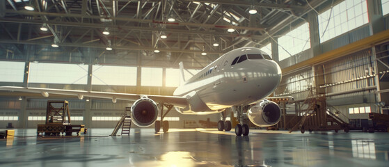 Imposing commercial airplane in a vast hangar, reflecting the grandeur of aviation. - obrazy, fototapety, plakaty