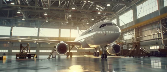 Foto op Plexiglas Imposing commercial airplane in a vast hangar, reflecting the grandeur of aviation. © Ai Studio