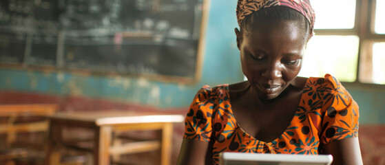 Woman focused on reading an engaging book in a peaceful African classroom setting.