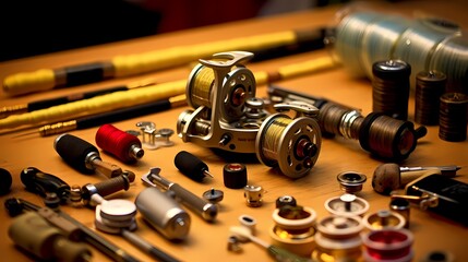 Vintage fishing equipment on rustic wooden plank