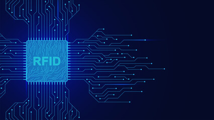RFID radio frequency identification concept. Microchip with electronic board for digital technology concept.