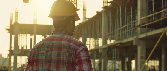 Construction worker observing a building site during sunset.