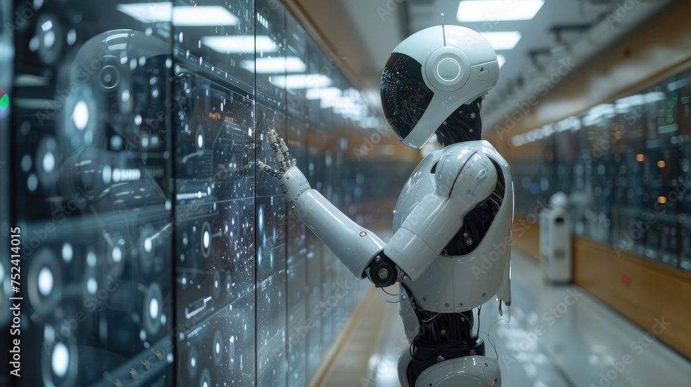 Aufkleber futuristic robot interacting with data center controls