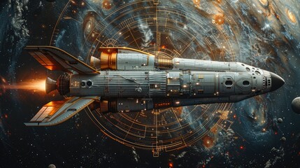 A highly detailed futuristic spaceship navigates the cosmos, surrounded by celestial maps and the vast beauty of space.