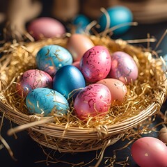 Fototapeta na wymiar Wicker basket with assorted easter eggs