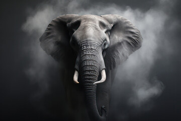 Fototapeta na wymiar Powerful Majesty: A closeup portrait of a majestic African elephant standing strong in the wild, showcasing its beautiful greyish-white skin, impressive tusks, and expressive eyes. With its large ears