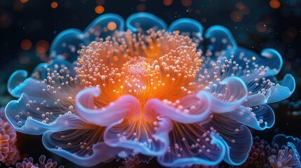 Fototapeta na wymiar A mystical depiction of a glowing sea anemone, emitting bioluminescence in a dark underwater scene, Bioluminescent Sea Anemone Underwater