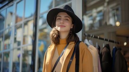 Young stylish woman wearing a chic hat outdoors. modern urban fashion and lifestyle. casual elegance on a sunny day. AI