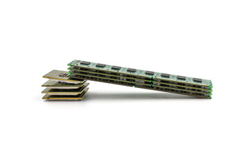 CPU and RAM isolated on a white background. CPU and RAM for a laptop. Set of RAM and processor.