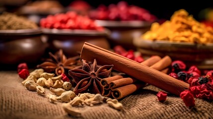Obraz na płótnie Canvas A set of spices and herbs. Indian cuisine. Pepper, salt, paprika, basil, turmeric.