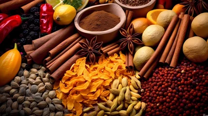 Fotobehang A set of spices and herbs. Indian cuisine. Pepper, salt, paprika, basil, turmeric. © Michel 