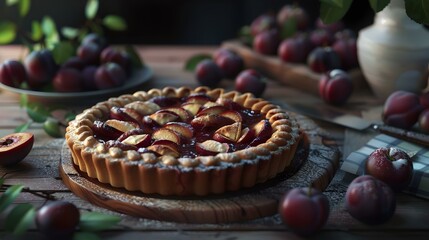 Rustic homemade plum tart on wooden table, cozy kitchen atmosphere, perfect for fall season recipe. AI