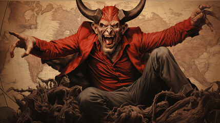 devil in red sits in front of world map, crazy face with horns - obrazy, fototapety, plakaty