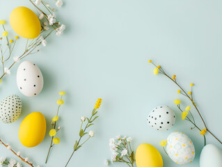 Happy Easter frame banner with blue, yellow Easter eggs, spring flowers with copy space for text