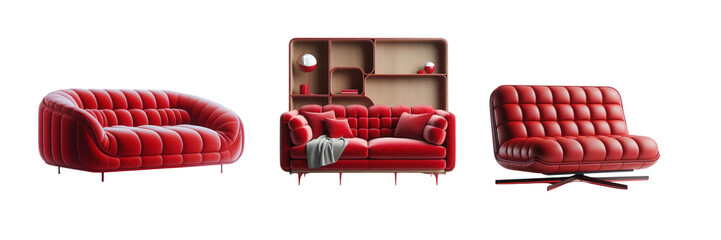 Set of Red color modern sofa, illustration, isolated over on transparent white background