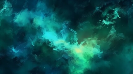 Fototapeta na wymiar Color mist. Ink water. Haze texture. Fantasy night sky. Blue green shiny glitter steam cloud blend on dark black abstract art background.