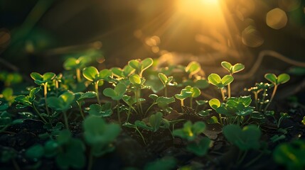 Sunlight filtering through young green seedlings. nature's growth, fresh start. ideal for nature themes and eco-friendly content. AI