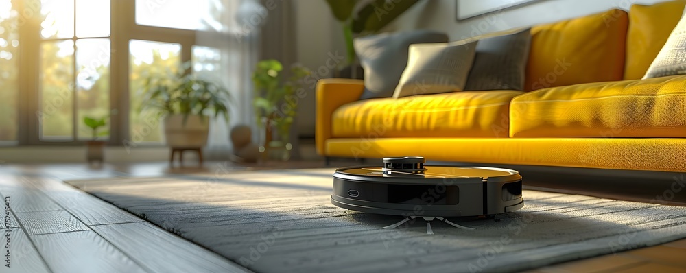 Poster automated cleaning device effortlessly tidying up a pristine living space floor. concept smart clean