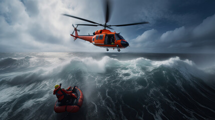 Rescue Helicopter Saving Person from Stormy Seas