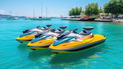 Yellow Jet Skis Moored in Tropical Harbor