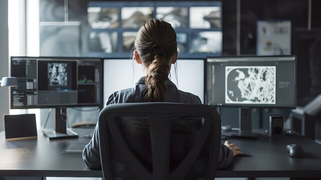 Professional medical expert analyzing brain scans on monitors. modern healthcare, clinical diagnostics, and technology in medicine. AI