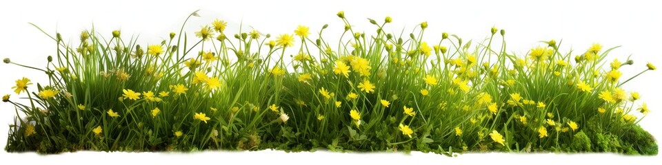 Green Grass Border with Yellow Flowers Isolated on White