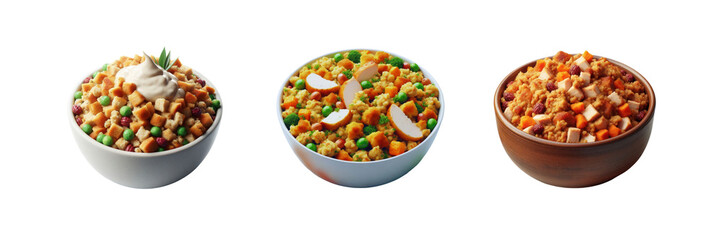  Set of Turkey stuffing in a bowls, illustration, isolated over on transparent white background