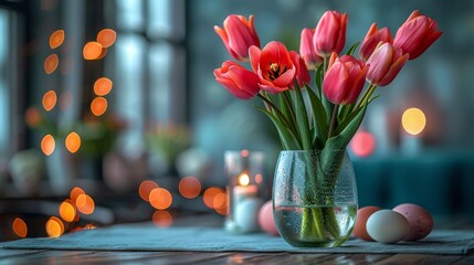 Table setting of eggs and tulips for Easter.......