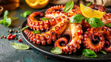 Seafood. Grilled octopus, a gourmet dish in a restaurant on a beautiful plate - obrazy, fototapety, plakaty
