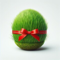 congratulations on Nowruz with a fresh and festive green herb sprout on a plate tied with a red ribbon
