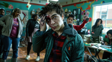 Fototapeta premium Sick, dirty and battered makeup on an actor during filming.