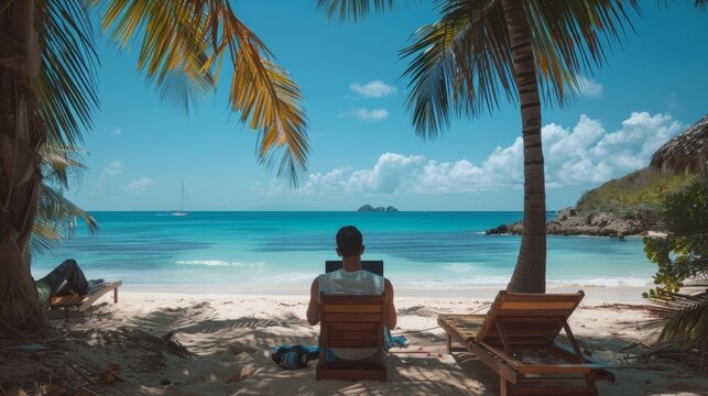 Digital Nomad Lifestyle: Individual working a remote work on a laptop by the beach